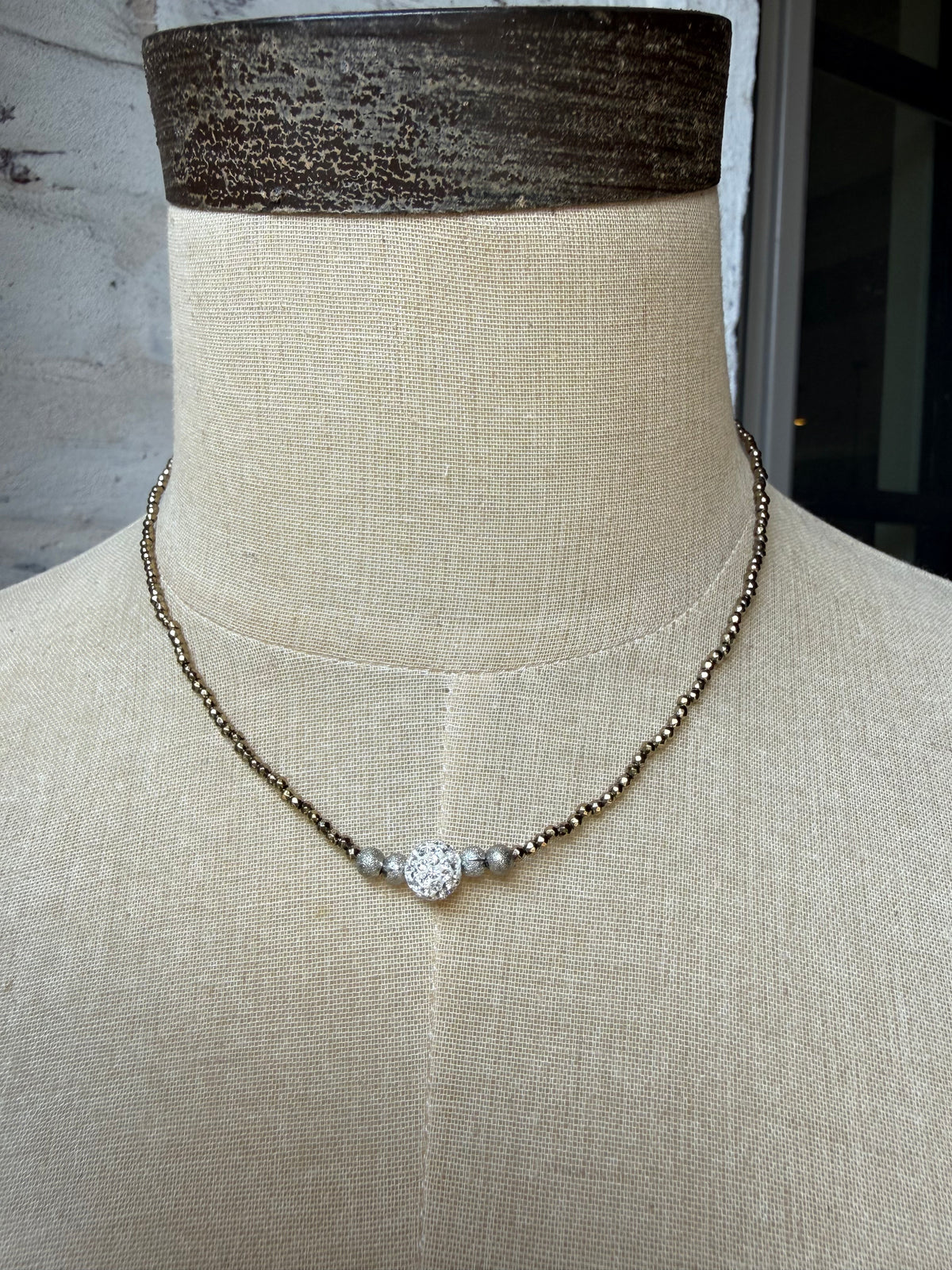Gold Hematite Beads with Center Rhinestone Rondelle