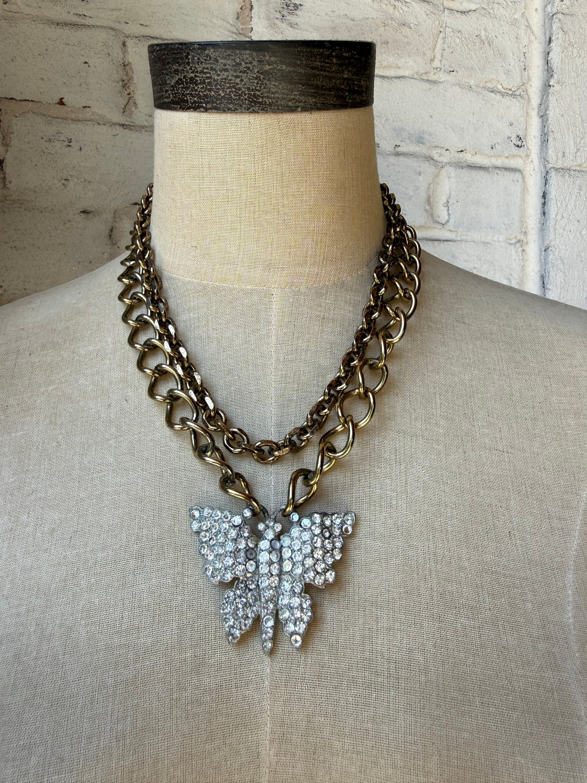 Chunky Double Chain with Vintage Rhinestone Butterfly Pendant