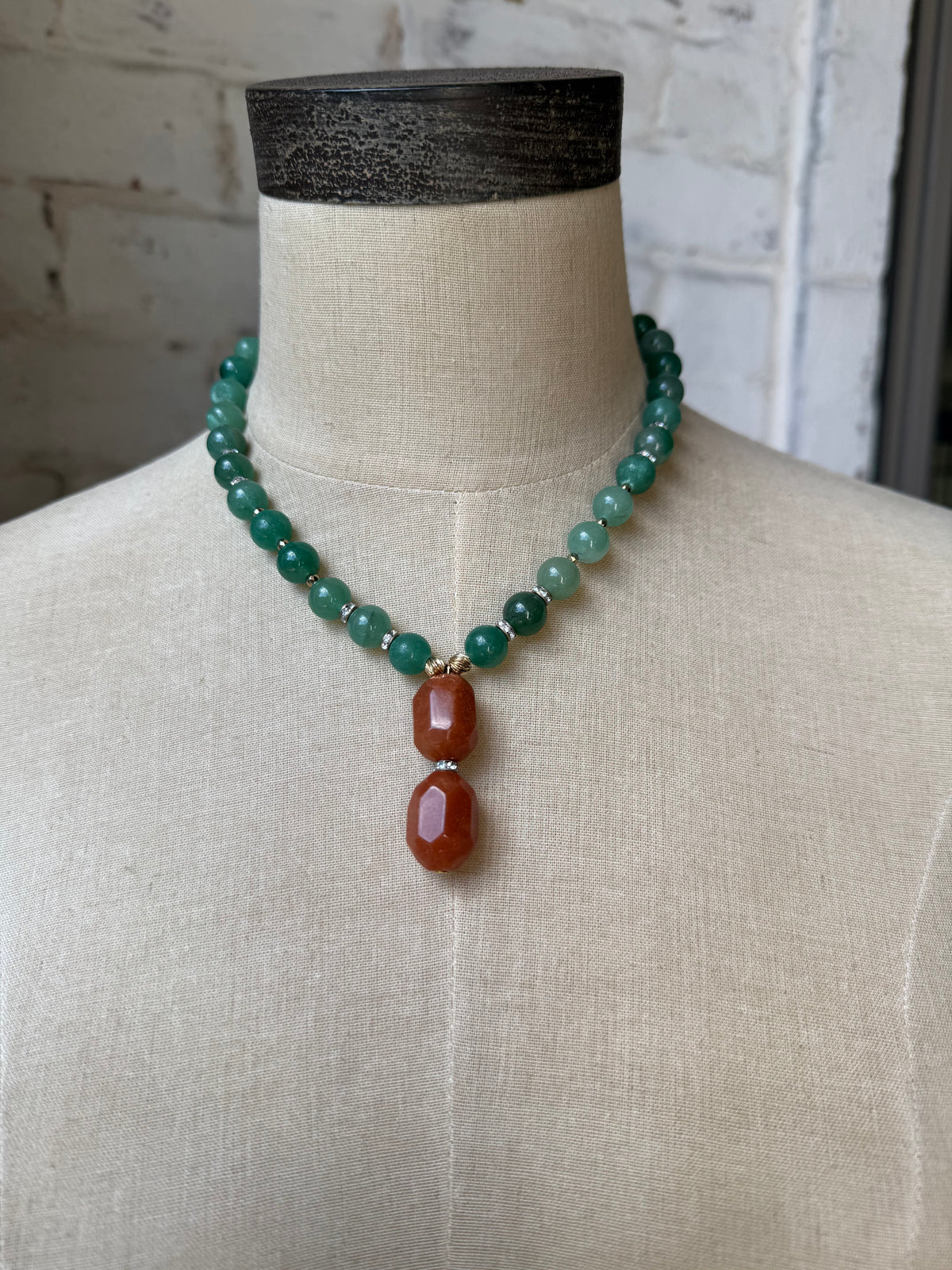 Green Aventurine Beads with Rust Colored Drop