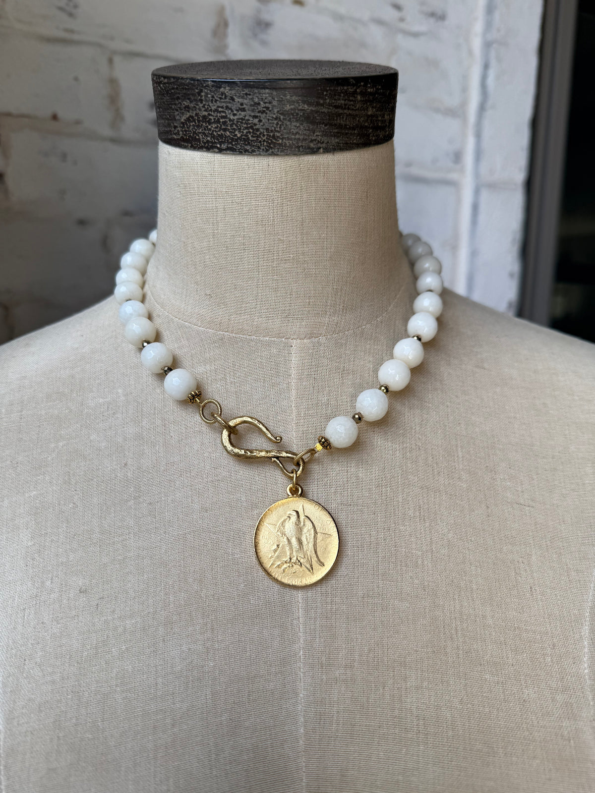 Milky White Beads with Gold Reversible Coin