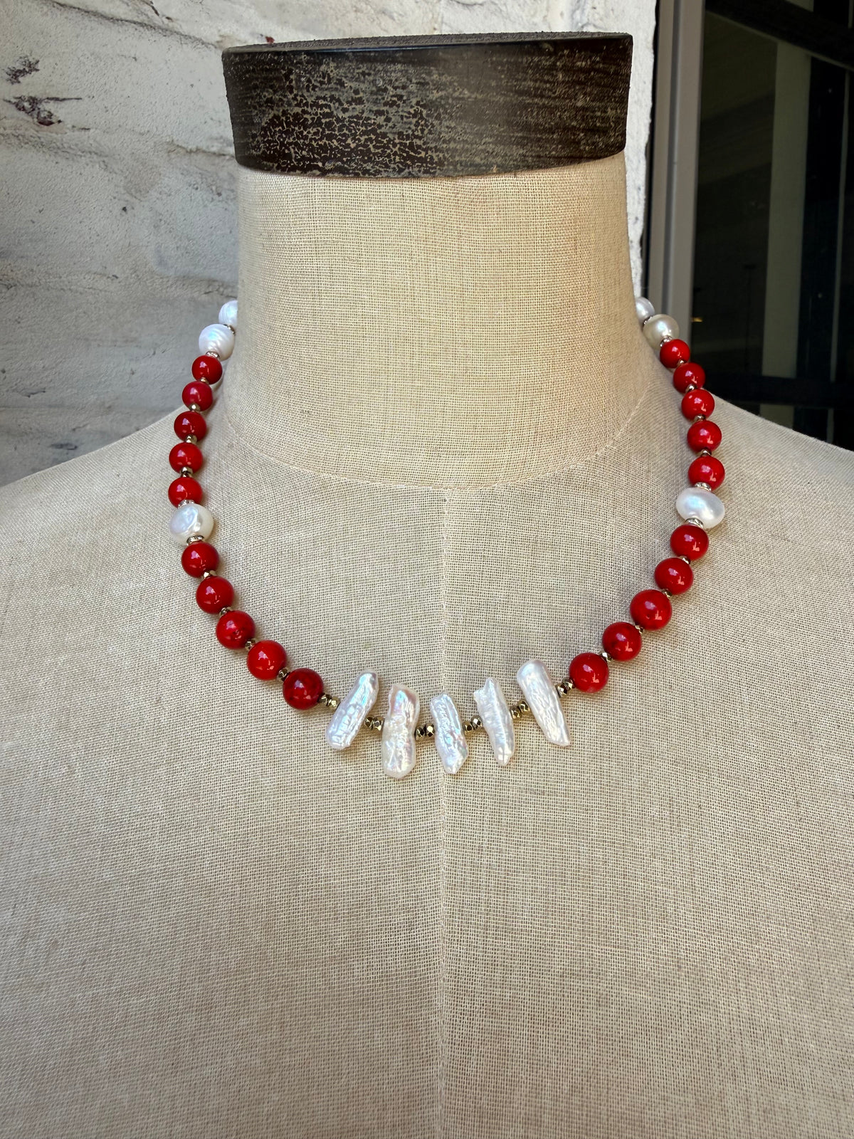 Red Beads with Oblong Vertical Pearls
